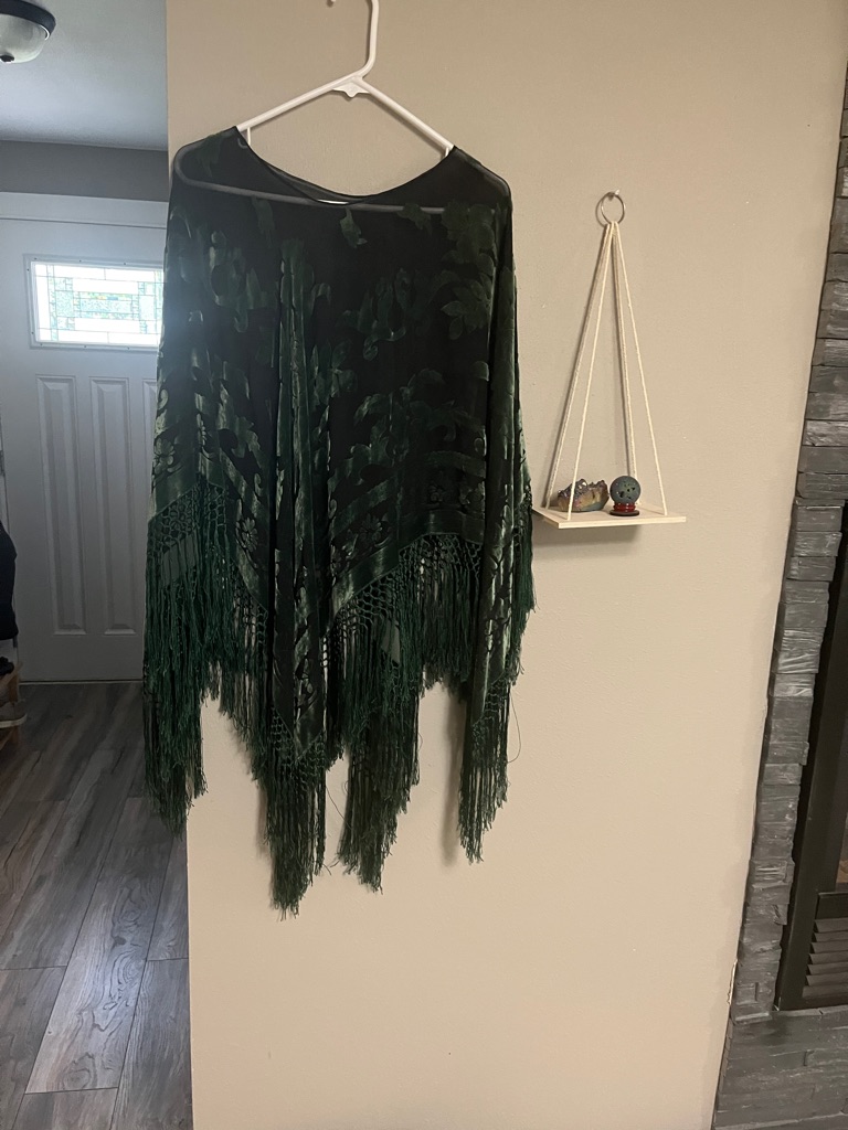 Maya Matazaro Burnout Silk Velvet Poncho “Piano Shawl” Emerald Velvet Black Mesh